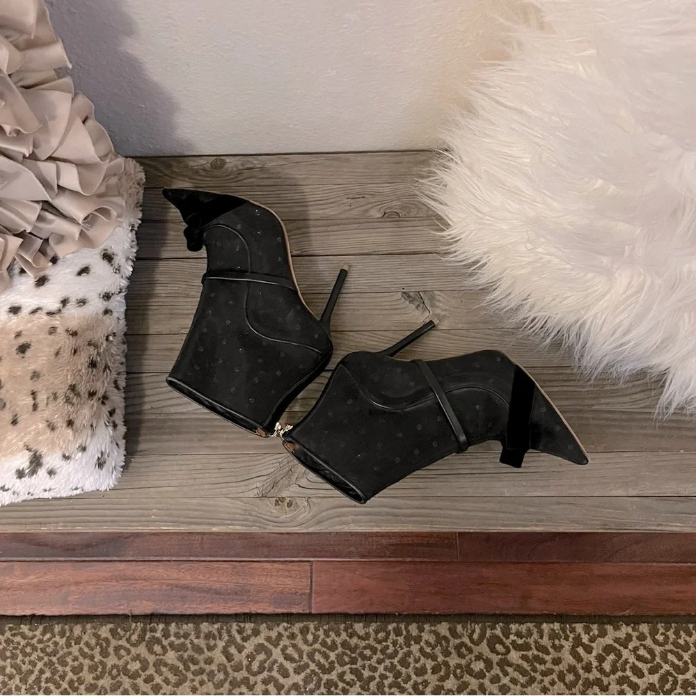 Malone Souliers Claudia Ray Luwolt Italy Mesh Velvet Bow Pointy Toe Ankle Boots